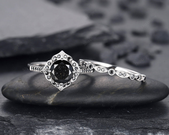 1.5 CT Round Natural Black Diamond Engagement Ring, Unique 18K White Gold Black Diamond Promise Ring Set Halo Wedding Anniversary Ring Women - ShainJewelry
