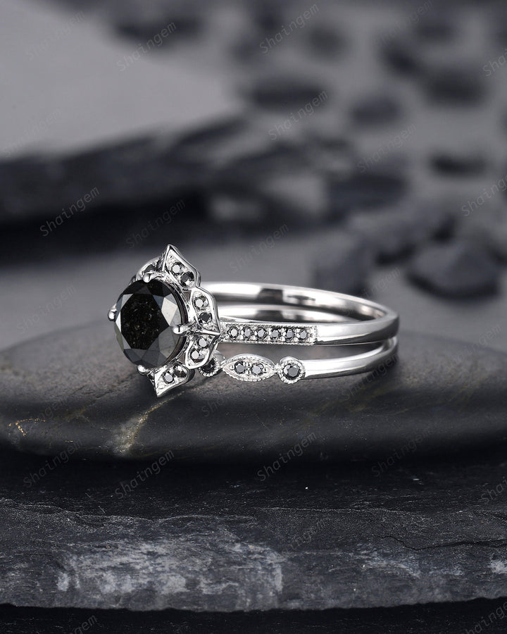 1.5 CT Round Natural Black Diamond Engagement Ring, Unique 18K White Gold Black Diamond Promise Ring Set Halo Wedding Anniversary Ring Women - ShainJewelry