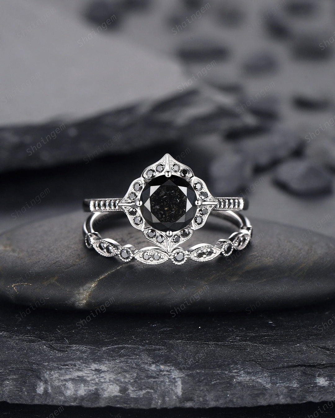 1.5 CT Round Natural Black Diamond Engagement Ring, Unique 18K White Gold Black Diamond Promise Ring Set Halo Wedding Anniversary Ring Women - ShainJewelry