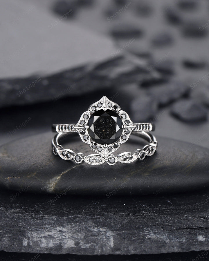 1.5 CT Round Natural Black Diamond Engagement Ring, Unique 18K White Gold Black Diamond Promise Ring Set Halo Wedding Anniversary Ring Women - ShainJewelry
