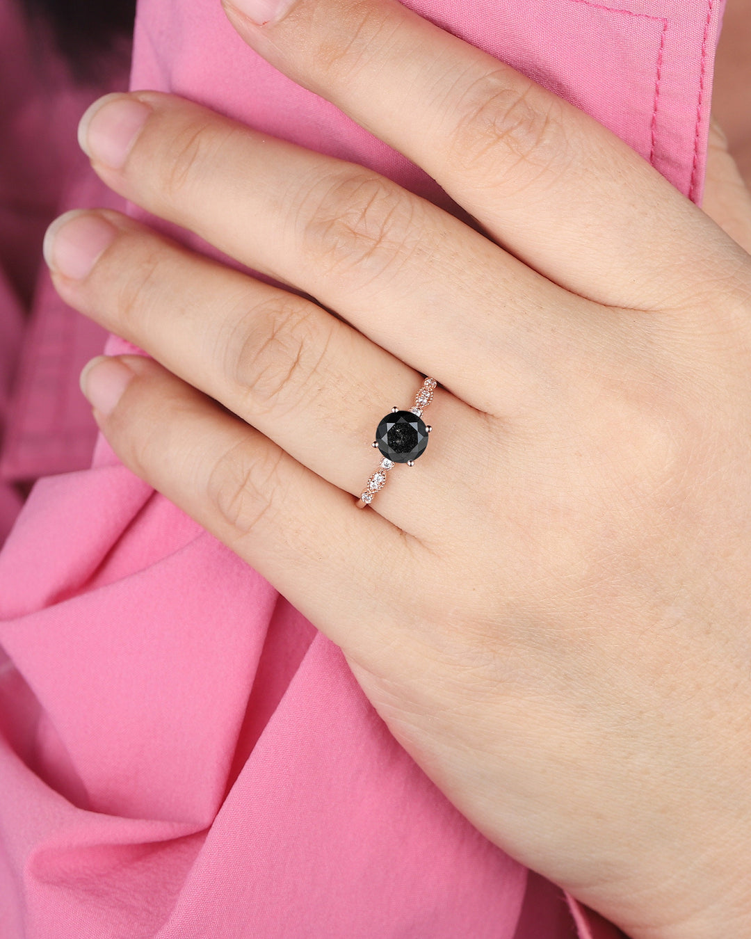 1.5 CT Natural Black Diamond Engagement Ring, Round Shape Diamond Promise Ring Diamond Wedding Ring 18K Rose Gold Anniversary Ring for Women - ShainJewelry