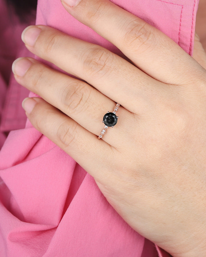1.5 CT Natural Black Diamond Engagement Ring, Round Shape Diamond Promise Ring Diamond Wedding Ring 18K Rose Gold Anniversary Ring for Women - ShainJewelry