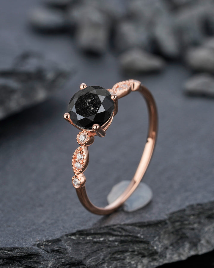 1.5 CT Natural Black Diamond Engagement Ring, Round Shape Diamond Promise Ring Diamond Wedding Ring 18K Rose Gold Anniversary Ring for Women - ShainJewelry