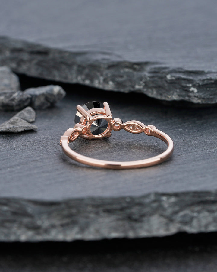 1.5 CT Natural Black Diamond Engagement Ring, Round Shape Diamond Promise Ring Diamond Wedding Ring 18K Rose Gold Anniversary Ring for Women - ShainJewelry