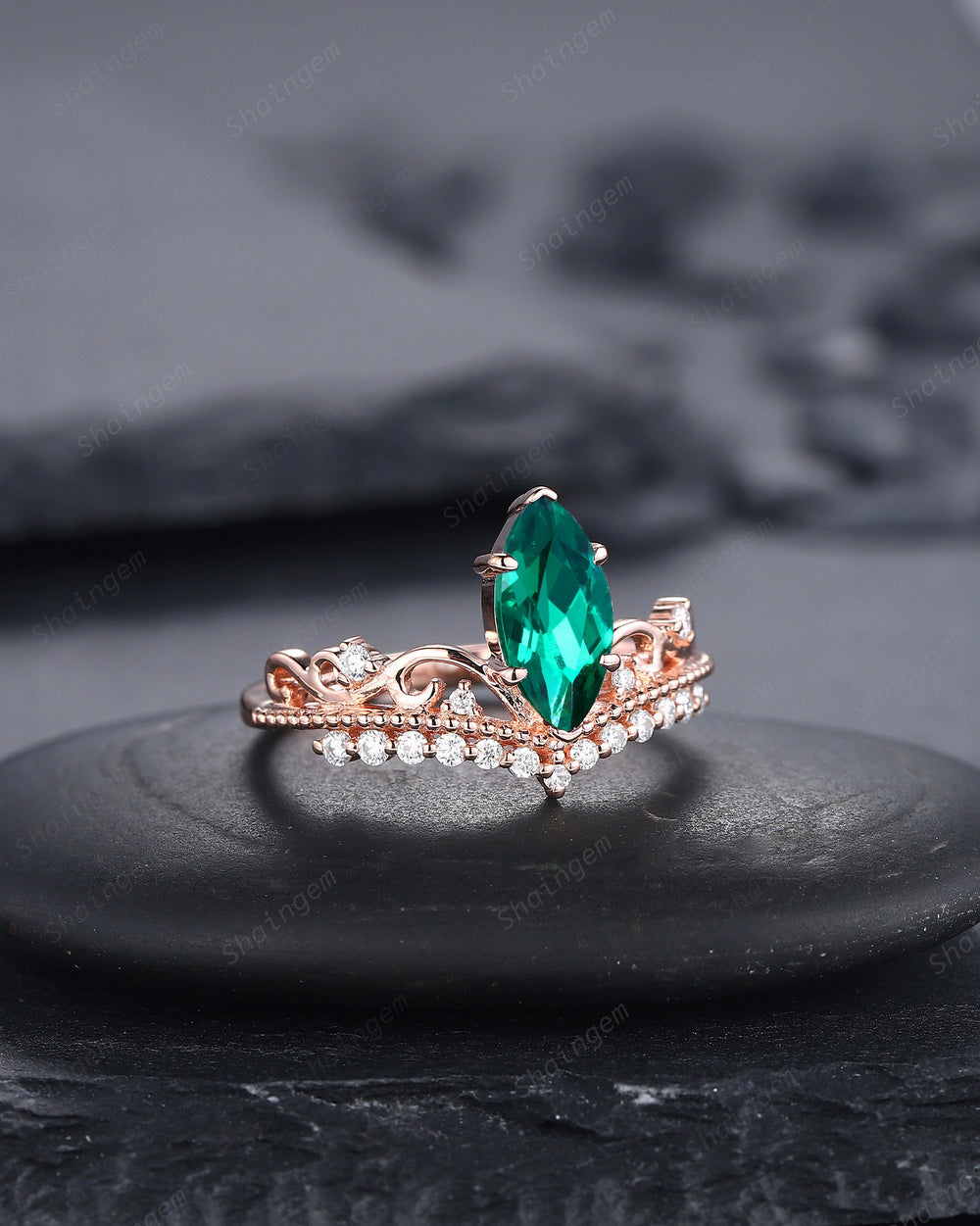 Vintage Marquise Emerald and Diamond Engagement Ring, Unique Emerald Crown Wedding Promise Ring, 14K Rose Gold Anniversary Ring Gift for Her - ShainJewelry