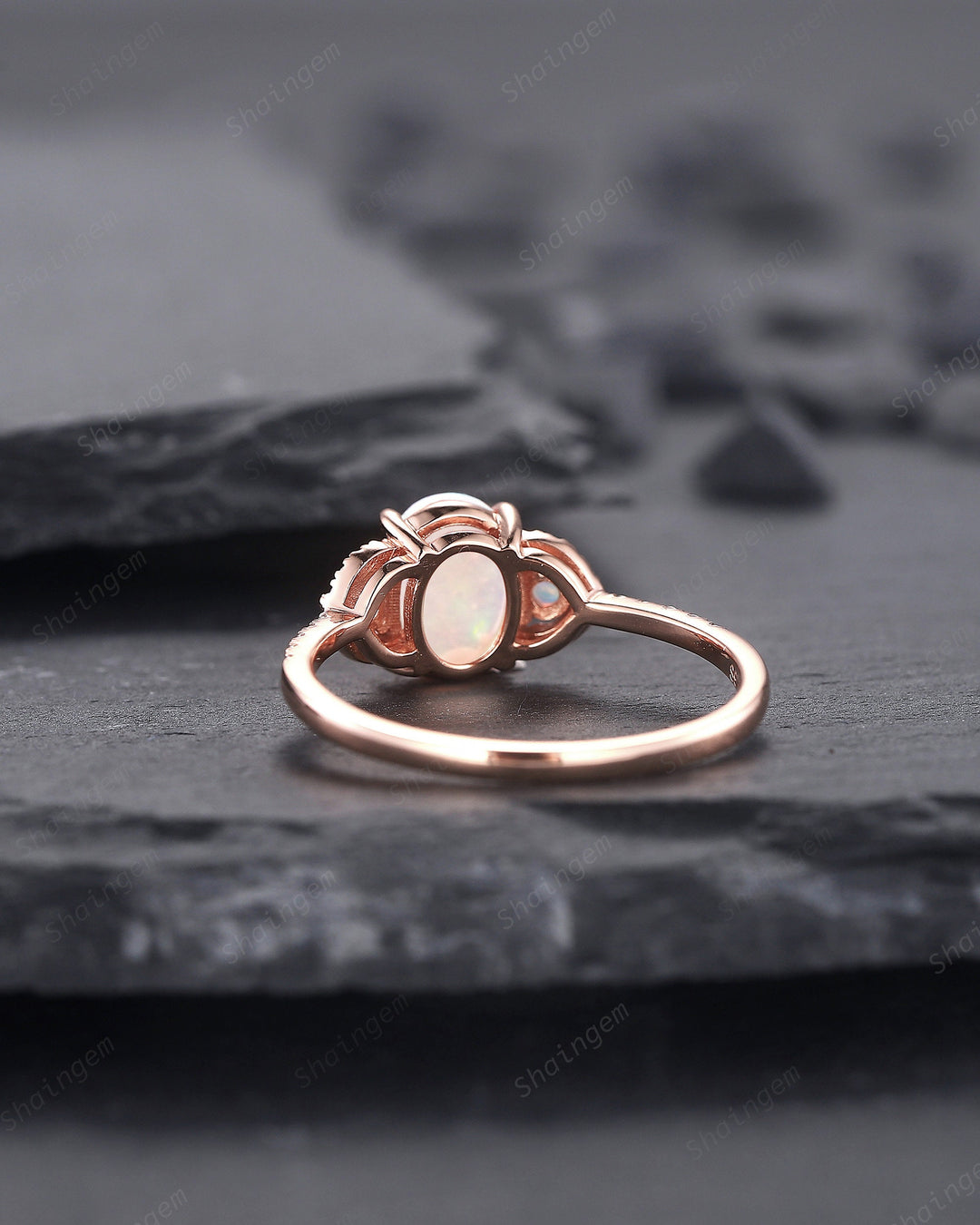 Vintage Natural Australia White Fire Opal and Diamond Engagement Ring, 14K Rose Gold Oval Opal Promise Ring, Opal Wedding Ring Gift for her - ShainJewelry