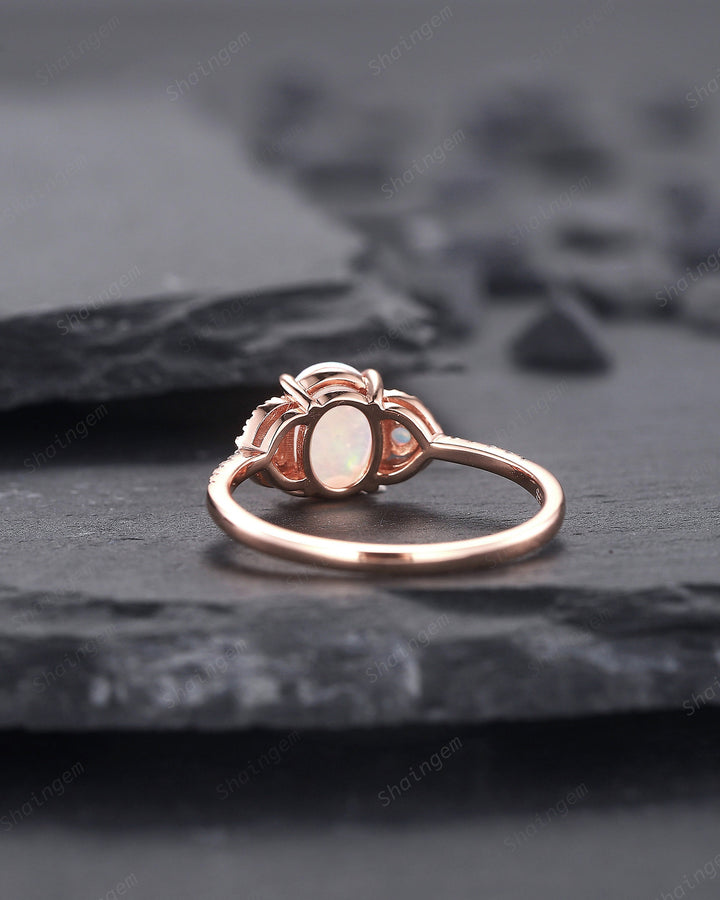 Vintage Natural Australia White Fire Opal and Diamond Engagement Ring, 14K Rose Gold Oval Opal Promise Ring, Opal Wedding Ring Gift for her - ShainJewelry