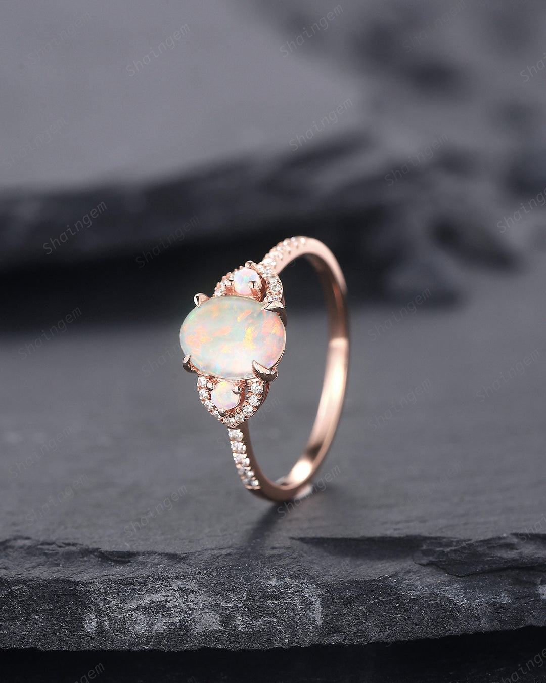 Vintage Natural Australia White Fire Opal and Diamond Engagement Ring, 14K Rose Gold Oval Opal Promise Ring, Opal Wedding Ring Gift for her - ShainJewelry