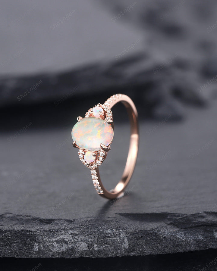 Vintage Natural Australia White Fire Opal and Diamond Engagement Ring, 14K Rose Gold Oval Opal Promise Ring, Opal Wedding Ring Gift for her - ShainJewelry