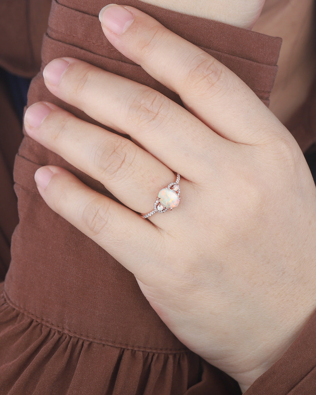 Vintage Natural Australia White Fire Opal and Diamond Engagement Ring, 14K Rose Gold Oval Opal Promise Ring, Opal Wedding Ring Gift for her - ShainJewelry