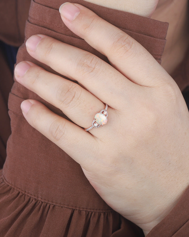 Vintage Natural Australia White Fire Opal and Diamond Engagement Ring, 14K Rose Gold Oval Opal Promise Ring, Opal Wedding Ring Gift for her - ShainJewelry