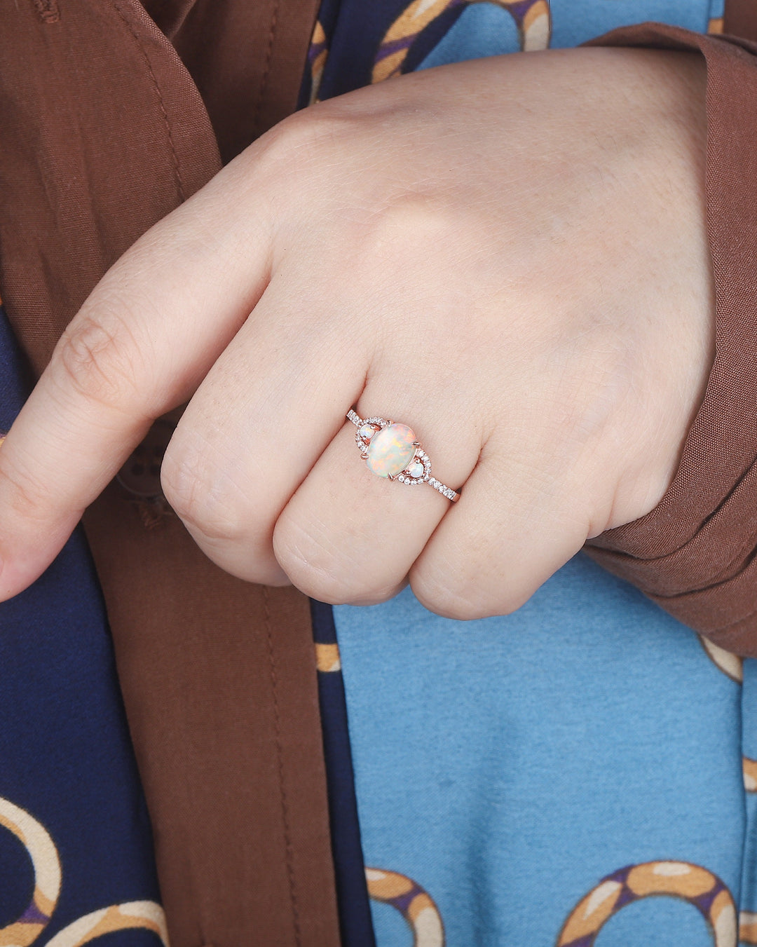 Vintage Natural Australia White Fire Opal and Diamond Engagement Ring, 14K Rose Gold Oval Opal Promise Ring, Opal Wedding Ring Gift for her - ShainJewelry