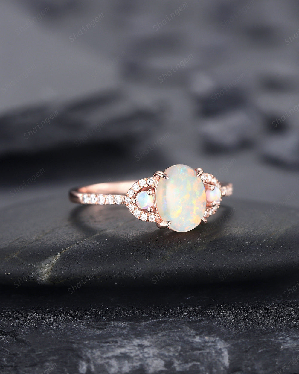 Vintage Natural Australia White Fire Opal and Diamond Engagement Ring, 14K Rose Gold Oval Opal Promise Ring, Opal Wedding Ring Gift for her - ShainJewelry