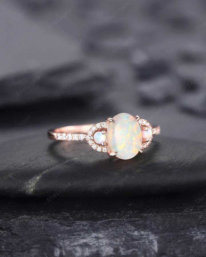 Vintage Natural Australia White Fire Opal and Diamond Engagement Ring, 14K Rose Gold Oval Opal Promise Ring, Opal Wedding Ring Gift for her - ShainJewelry