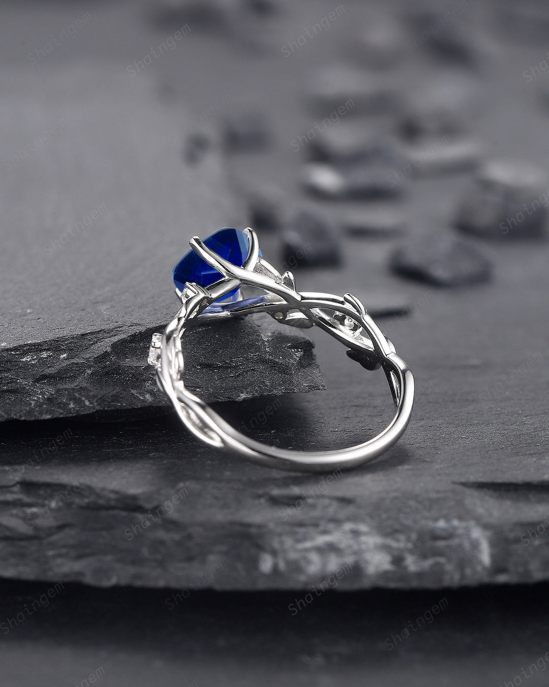 Vintage Cushion Cut Blue Sapphire Wedding Ring, Unique White Gold Twig Leaf Sapphire Engagement Promise Ring Anniversary Ring Gift for Women - ShainJewelry