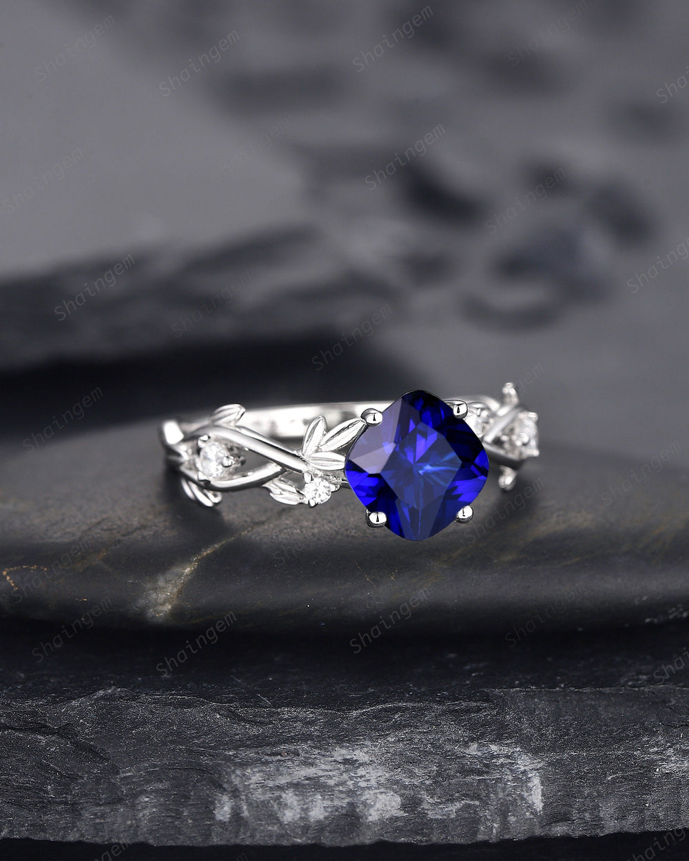 Vintage Cushion Cut Blue Sapphire Wedding Ring, Unique White Gold Twig Leaf Sapphire Engagement Promise Ring Anniversary Ring Gift for Women - ShainJewelry