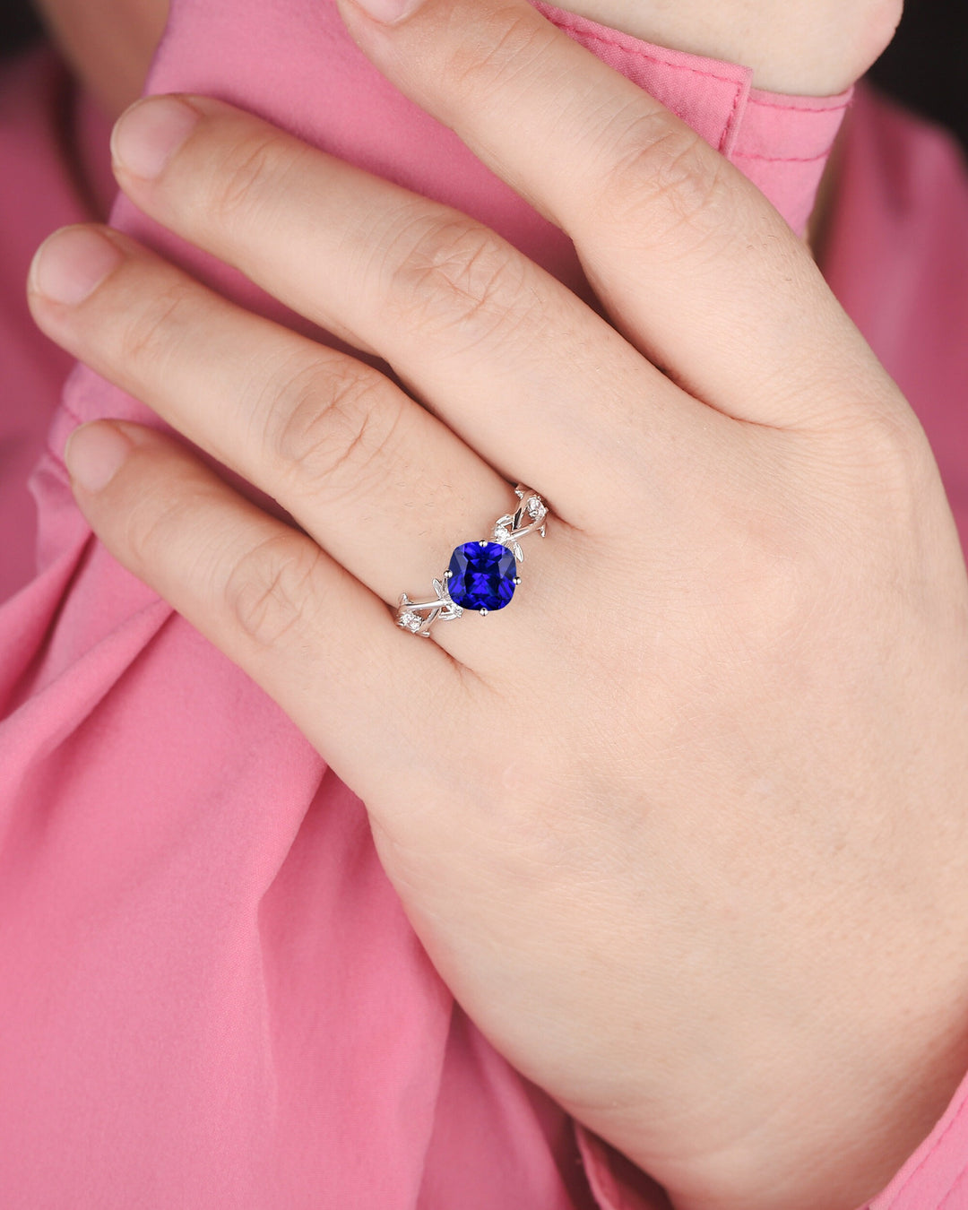 Vintage Cushion Cut Blue Sapphire Wedding Ring, Unique White Gold Twig Leaf Sapphire Engagement Promise Ring Anniversary Ring Gift for Women - ShainJewelry