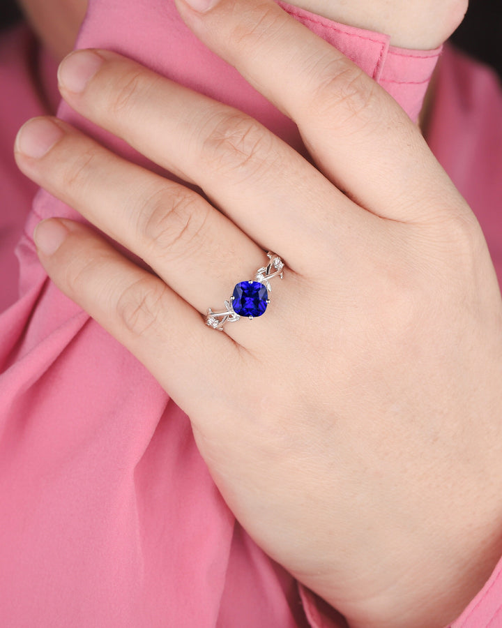 Vintage Cushion Cut Blue Sapphire Wedding Ring, Unique White Gold Twig Leaf Sapphire Engagement Promise Ring Anniversary Ring Gift for Women - ShainJewelry