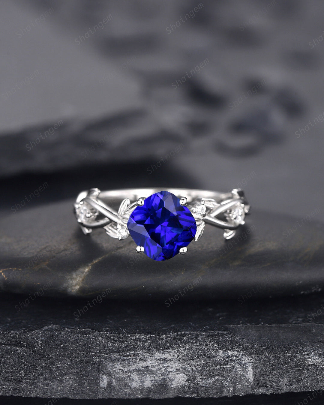 Vintage Cushion Cut Blue Sapphire Wedding Ring, Unique White Gold Twig Leaf Sapphire Engagement Promise Ring Anniversary Ring Gift for Women - ShainJewelry