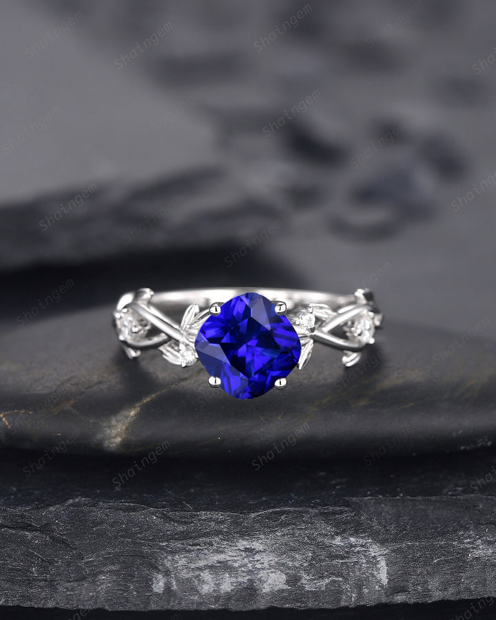 Vintage Cushion Cut Blue Sapphire Wedding Ring, Unique White Gold Twig Leaf Sapphire Engagement Promise Ring Anniversary Ring Gift for Women - ShainJewelry