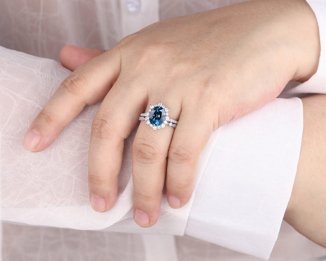 3.5 CT Oval Shape London Blue Topaz Engagement Ring Set, 14K 18K White Gold Topaz Halo Promise Wedding Ring Bridal Set, Floral Wedding set - ShainJewelry