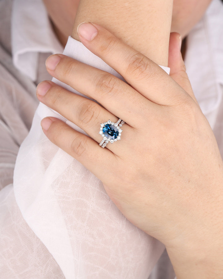 3.5 CT Oval Shape London Blue Topaz Engagement Ring Set, 14K 18K White Gold Topaz Halo Promise Wedding Ring Bridal Set, Floral Wedding set - ShainJewelry