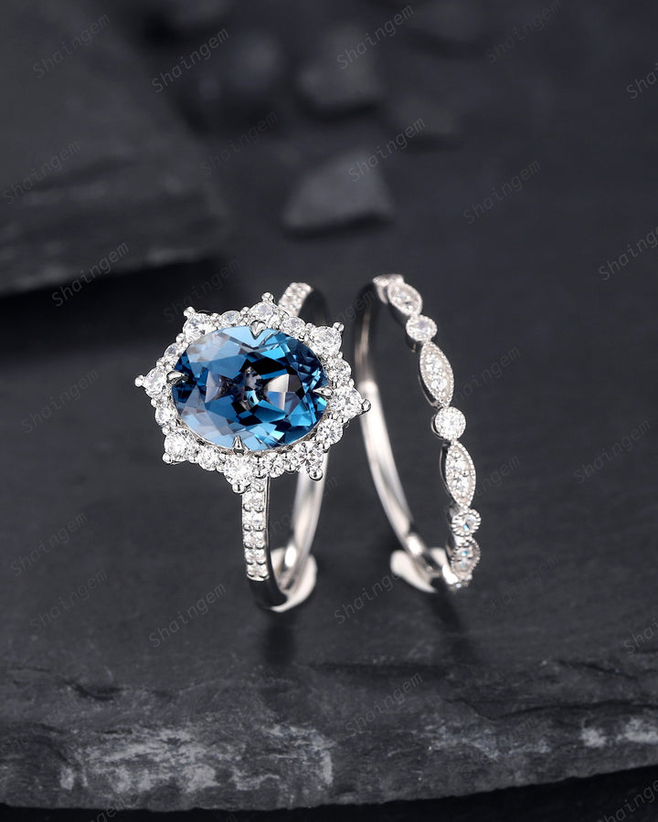 3.5 CT Oval Shape London Blue Topaz Engagement Ring Set, 14K 18K White Gold Topaz Halo Promise Wedding Ring Bridal Set, Floral Wedding set - ShainJewelry