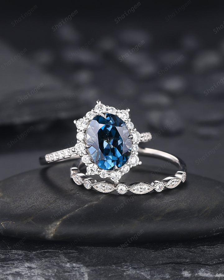 3.5 CT Oval Shape London Blue Topaz Engagement Ring Set, 14K 18K White Gold Topaz Halo Promise Wedding Ring Bridal Set, Floral Wedding set - ShainJewelry
