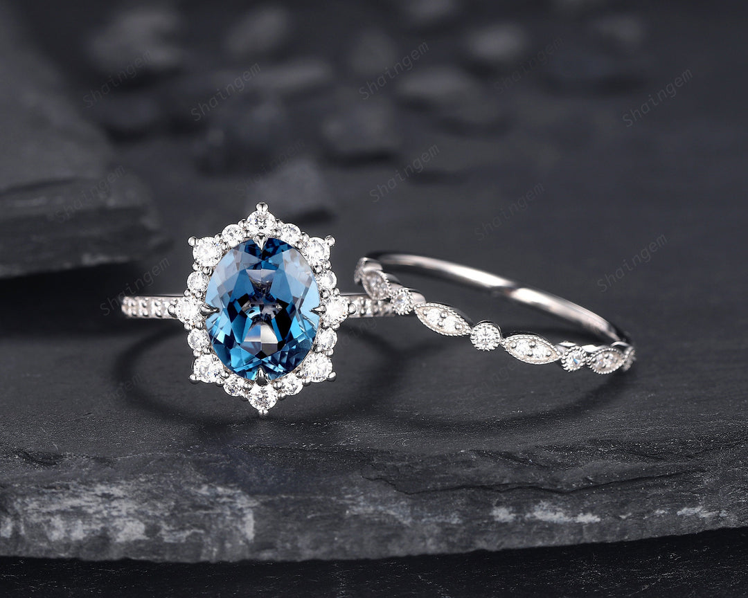 3.5 CT Oval Shape London Blue Topaz Engagement Ring Set, 14K 18K White Gold Topaz Halo Promise Wedding Ring Bridal Set, Floral Wedding set - ShainJewelry