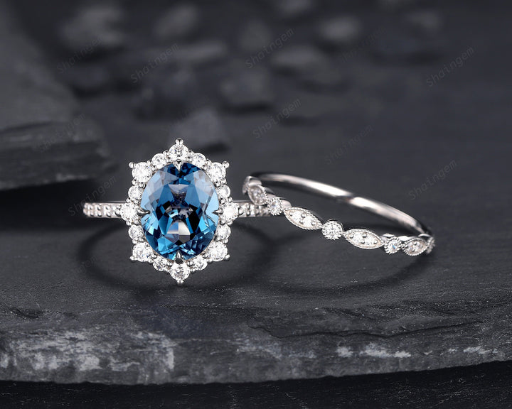 3.5 CT Oval Shape London Blue Topaz Engagement Ring Set, 14K 18K White Gold Topaz Halo Promise Wedding Ring Bridal Set, Floral Wedding set - ShainJewelry