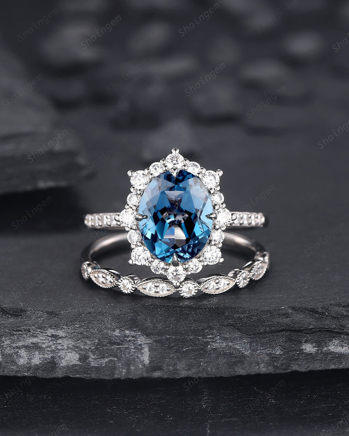 3.5 CT Oval Shape London Blue Topaz Engagement Ring Set, 14K 18K White Gold Topaz Halo Promise Wedding Ring Bridal Set, Floral Wedding set - ShainJewelry