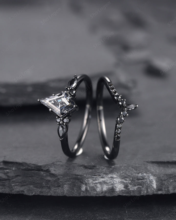 Black Gold Kite Cut Gray Moissanite Engagement Ring Set, Witchy Black Promise Ring, Black Wedding Ring Set, Goth Black Bridal Set for Women - ShainJewelry