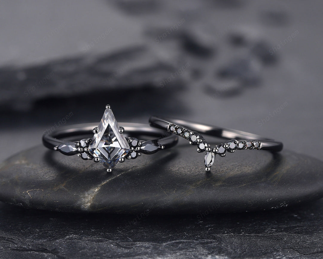 Black Gold Kite Cut Gray Moissanite Engagement Ring Set, Witchy Black Promise Ring, Black Wedding Ring Set, Goth Black Bridal Set for Women - ShainJewelry