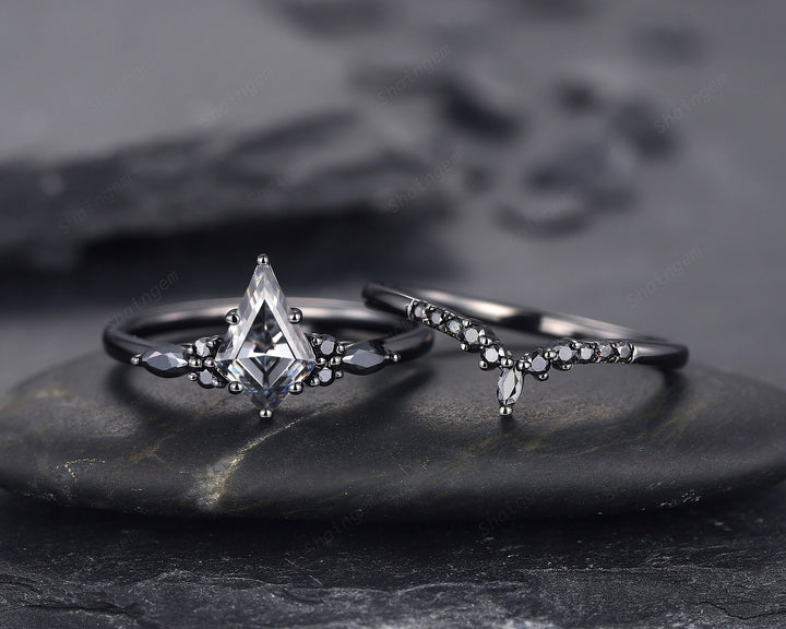Black Gold Kite Cut Gray Moissanite Engagement Ring Set, Witchy Black Promise Ring, Black Wedding Ring Set, Goth Black Bridal Set for Women - ShainJewelry