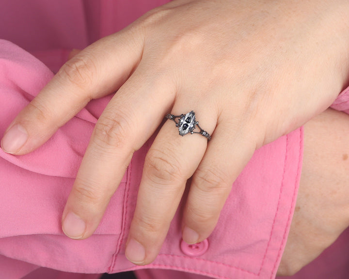 Black Gold Marquise Gray Moissanite Dark Engagement Ring, Rhodium Black Moissanite Promise Ring, Black Wedding Ring, Gothic Anniversary Ring - ShainJewelry