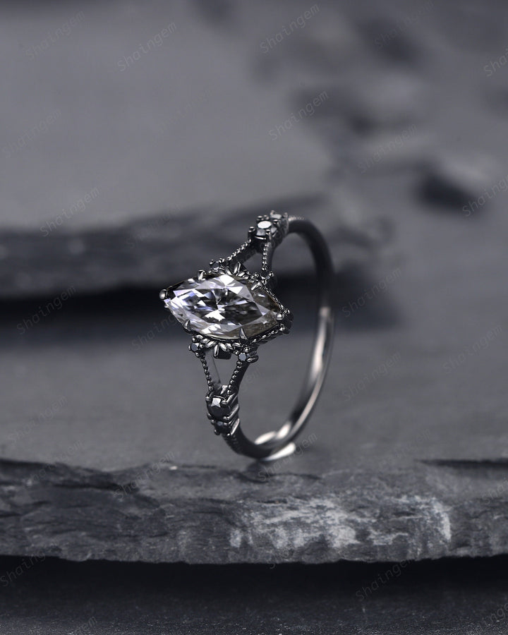 Black Gold Marquise Gray Moissanite Dark Engagement Ring, Rhodium Black Moissanite Promise Ring, Black Wedding Ring, Gothic Anniversary Ring - ShainJewelry