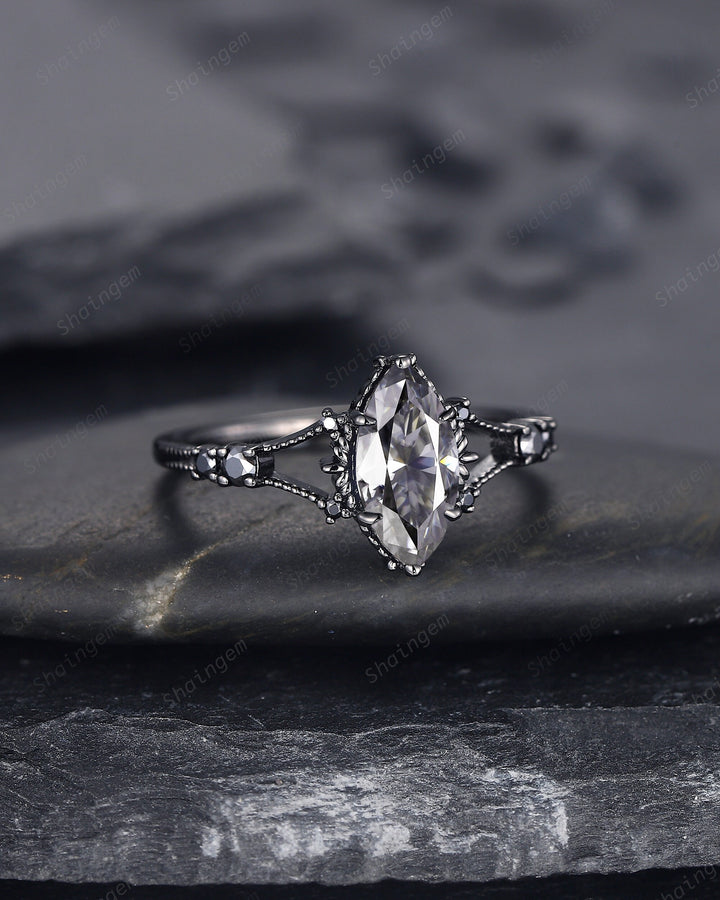 Black Gold Marquise Gray Moissanite Dark Engagement Ring, Rhodium Black Moissanite Promise Ring, Black Wedding Ring, Gothic Anniversary Ring - ShainJewelry