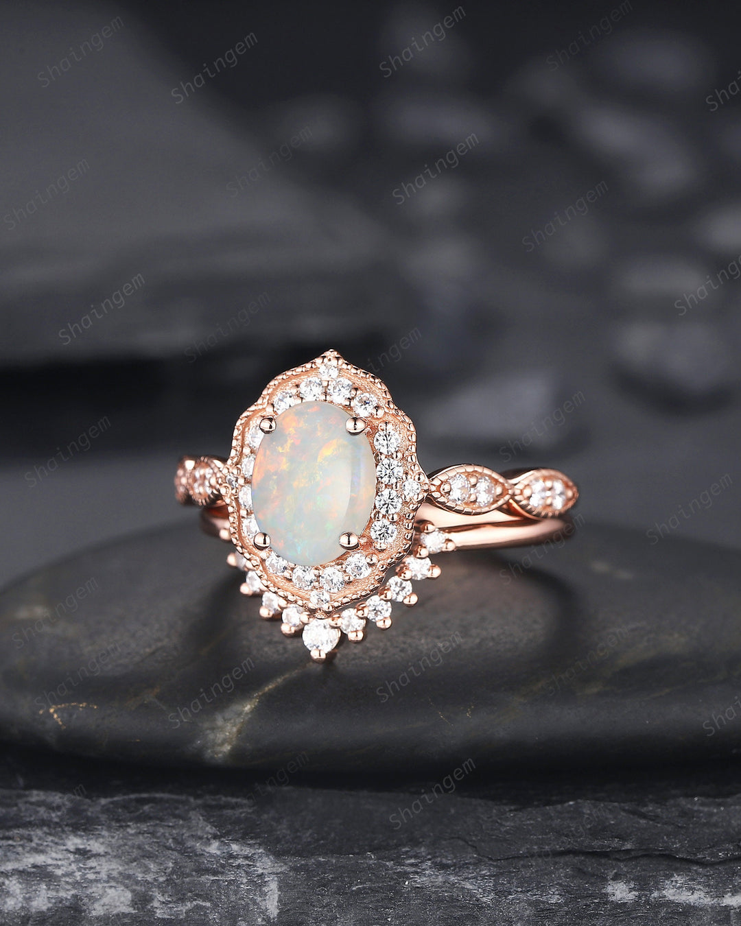 Vintage Oval Shape Natural Australian White Opal and Diamond Engagement Ring Set, 14K Rose Gold Opal Wedding Ring, Floral Halo Promise Ring - ShainJewelry