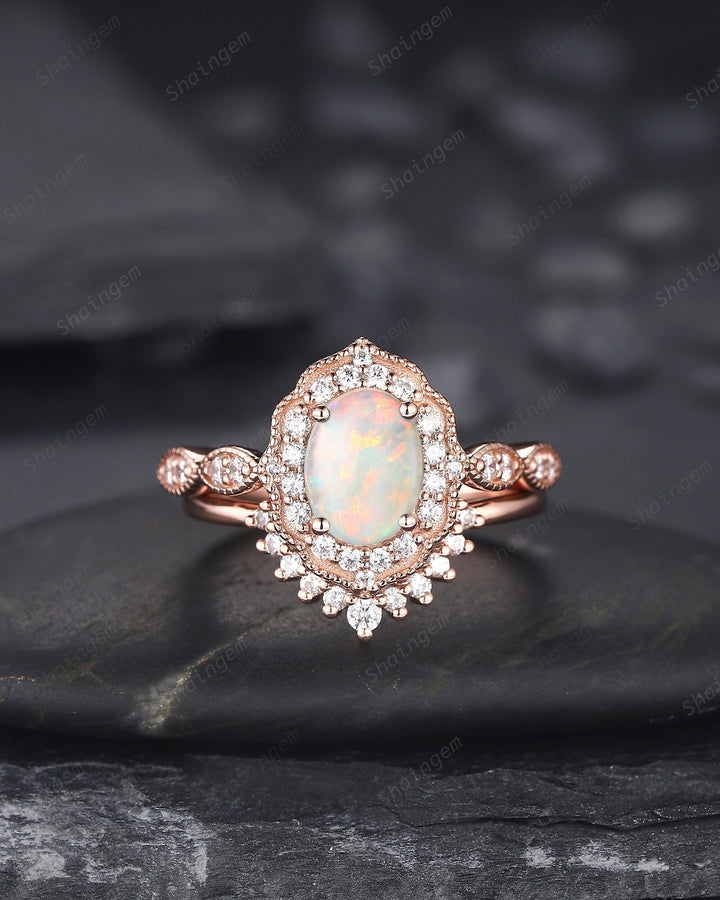 Vintage Oval Shape Natural Australian White Opal and Diamond Engagement Ring Set, 14K Rose Gold Opal Wedding Ring, Floral Halo Promise Ring - ShainJewelry