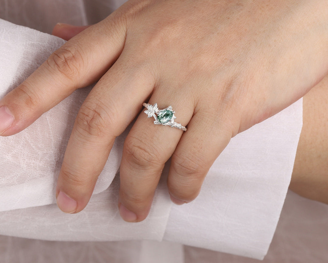 Maple Leaf Pear Shape Moss Agate Engagement Ring, 14K White Gold Solitaire Moss Agate Vine Ring, Twig Branch Wedding Ring Promise Ring Gift - ShainJewelry
