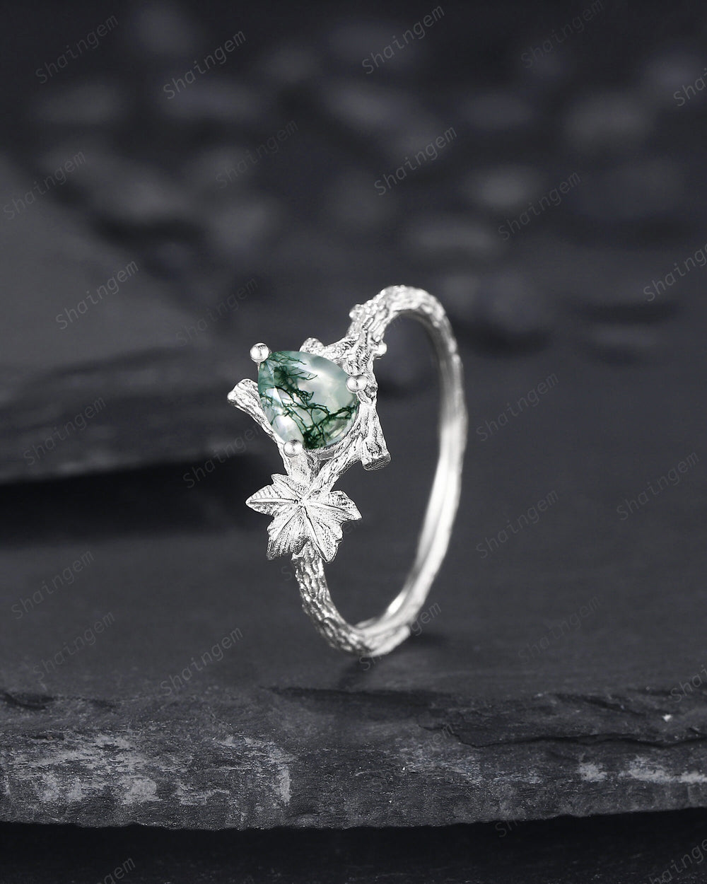 Maple Leaf Pear Shape Moss Agate Engagement Ring, 14K White Gold Solitaire Moss Agate Vine Ring, Twig Branch Wedding Ring Promise Ring Gift - ShainJewelry