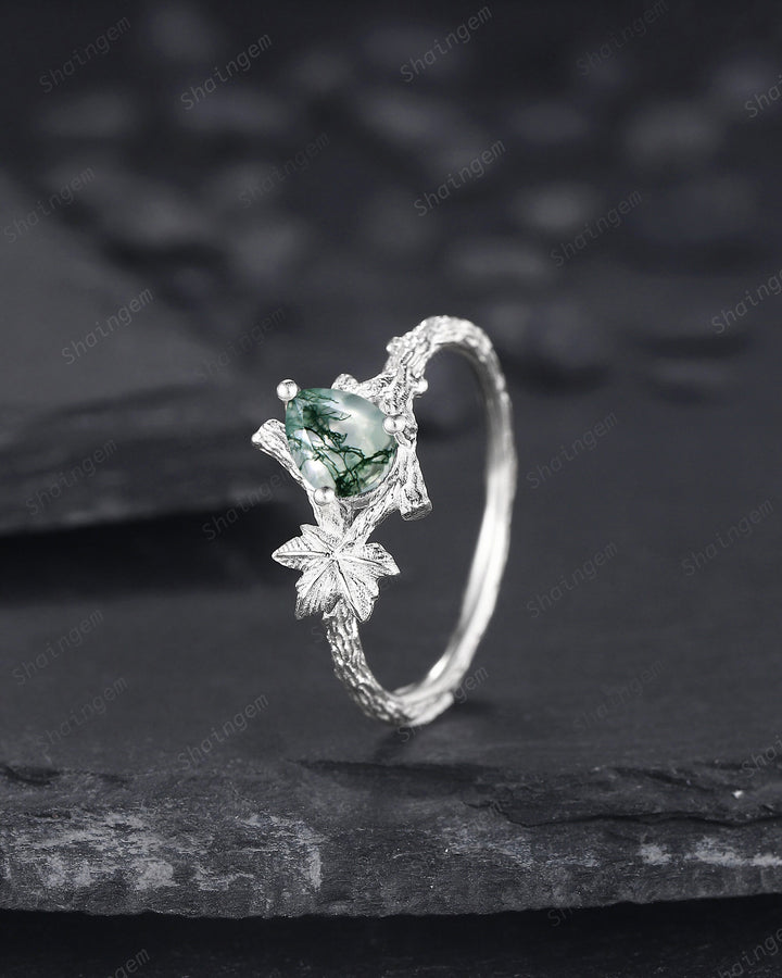 Maple Leaf Pear Shape Moss Agate Engagement Ring, 14K White Gold Solitaire Moss Agate Vine Ring, Twig Branch Wedding Ring Promise Ring Gift - ShainJewelry