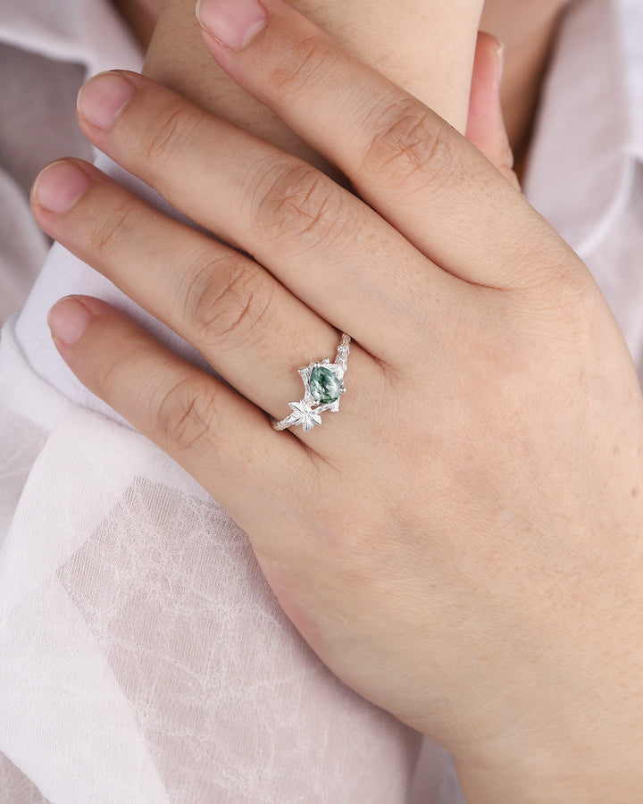 Maple Leaf Pear Shape Moss Agate Engagement Ring, 14K White Gold Solitaire Moss Agate Vine Ring, Twig Branch Wedding Ring Promise Ring Gift - ShainJewelry
