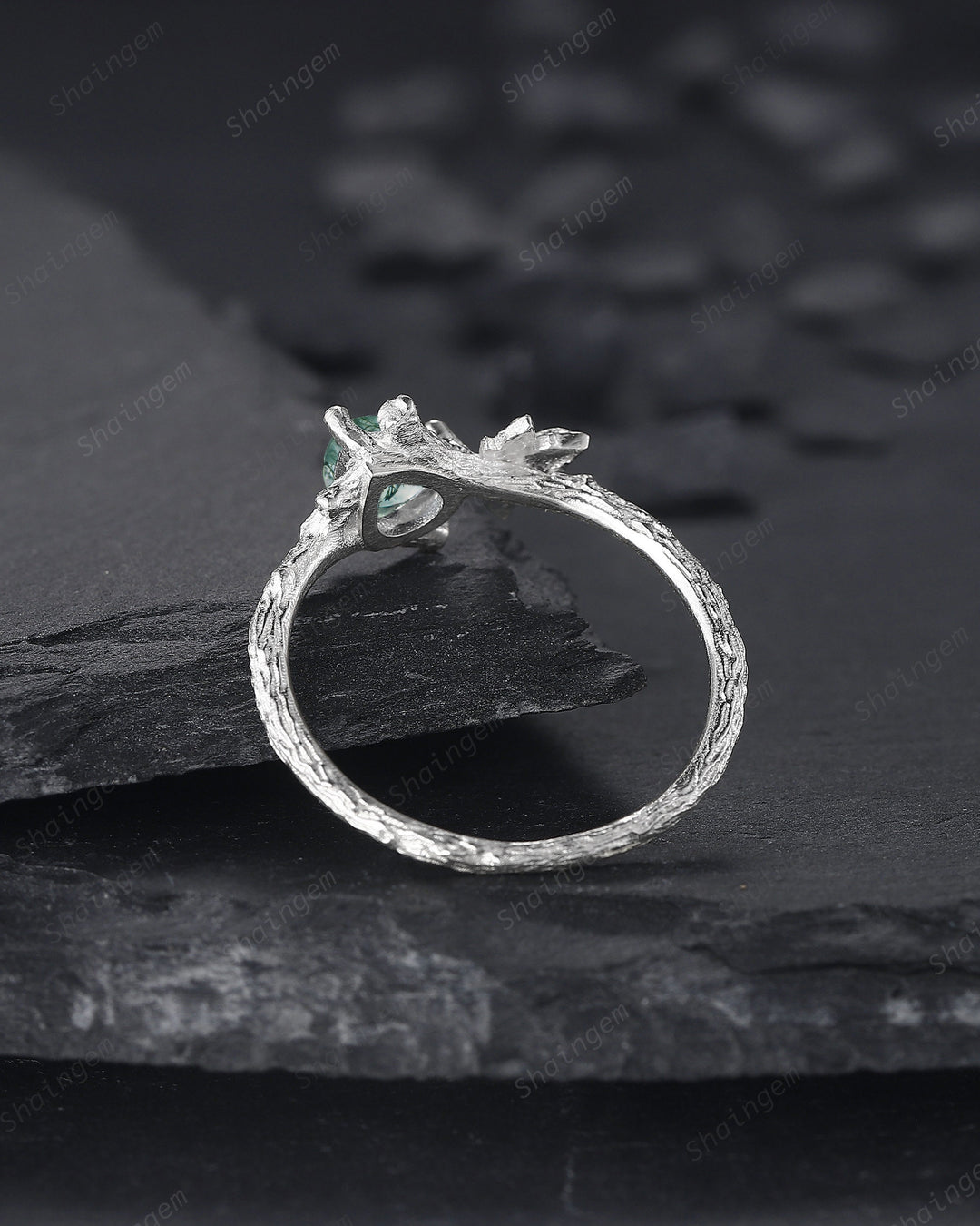 Maple Leaf Pear Shape Moss Agate Engagement Ring, 14K White Gold Solitaire Moss Agate Vine Ring, Twig Branch Wedding Ring Promise Ring Gift - ShainJewelry