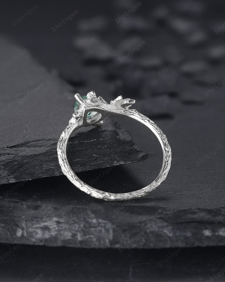 Maple Leaf Pear Shape Moss Agate Engagement Ring, 14K White Gold Solitaire Moss Agate Vine Ring, Twig Branch Wedding Ring Promise Ring Gift - ShainJewelry