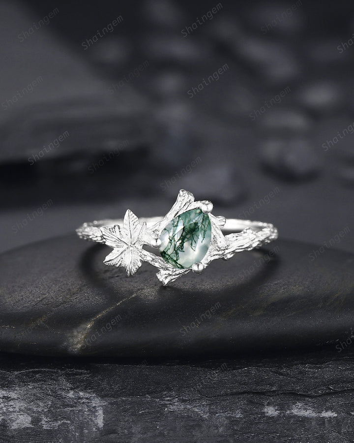 Maple Leaf Pear Shape Moss Agate Engagement Ring, 14K White Gold Solitaire Moss Agate Vine Ring, Twig Branch Wedding Ring Promise Ring Gift - ShainJewelry