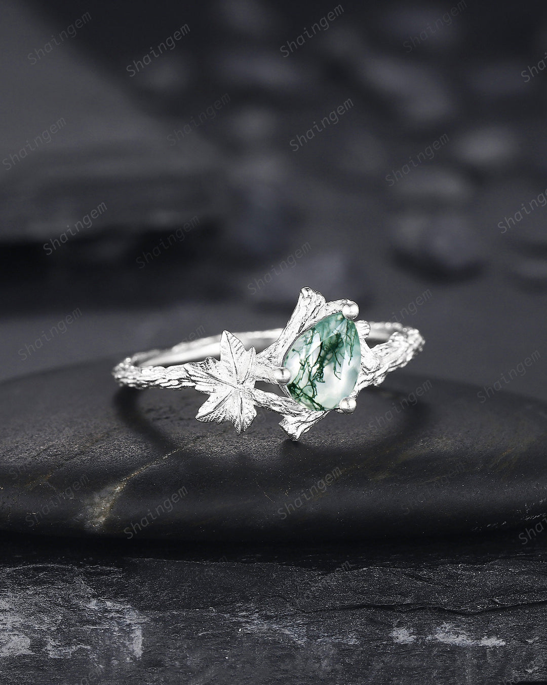 Maple Leaf Pear Shape Moss Agate Engagement Ring, 14K White Gold Solitaire Moss Agate Vine Ring, Twig Branch Wedding Ring Promise Ring Gift - ShainJewelry