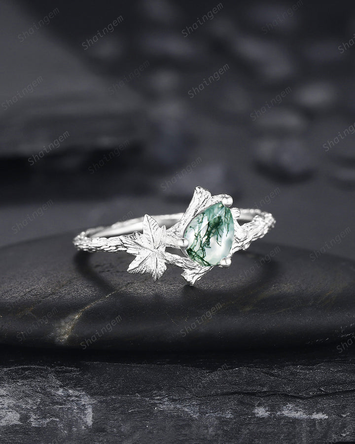 Maple Leaf Pear Shape Moss Agate Engagement Ring, 14K White Gold Solitaire Moss Agate Vine Ring, Twig Branch Wedding Ring Promise Ring Gift - ShainJewelry