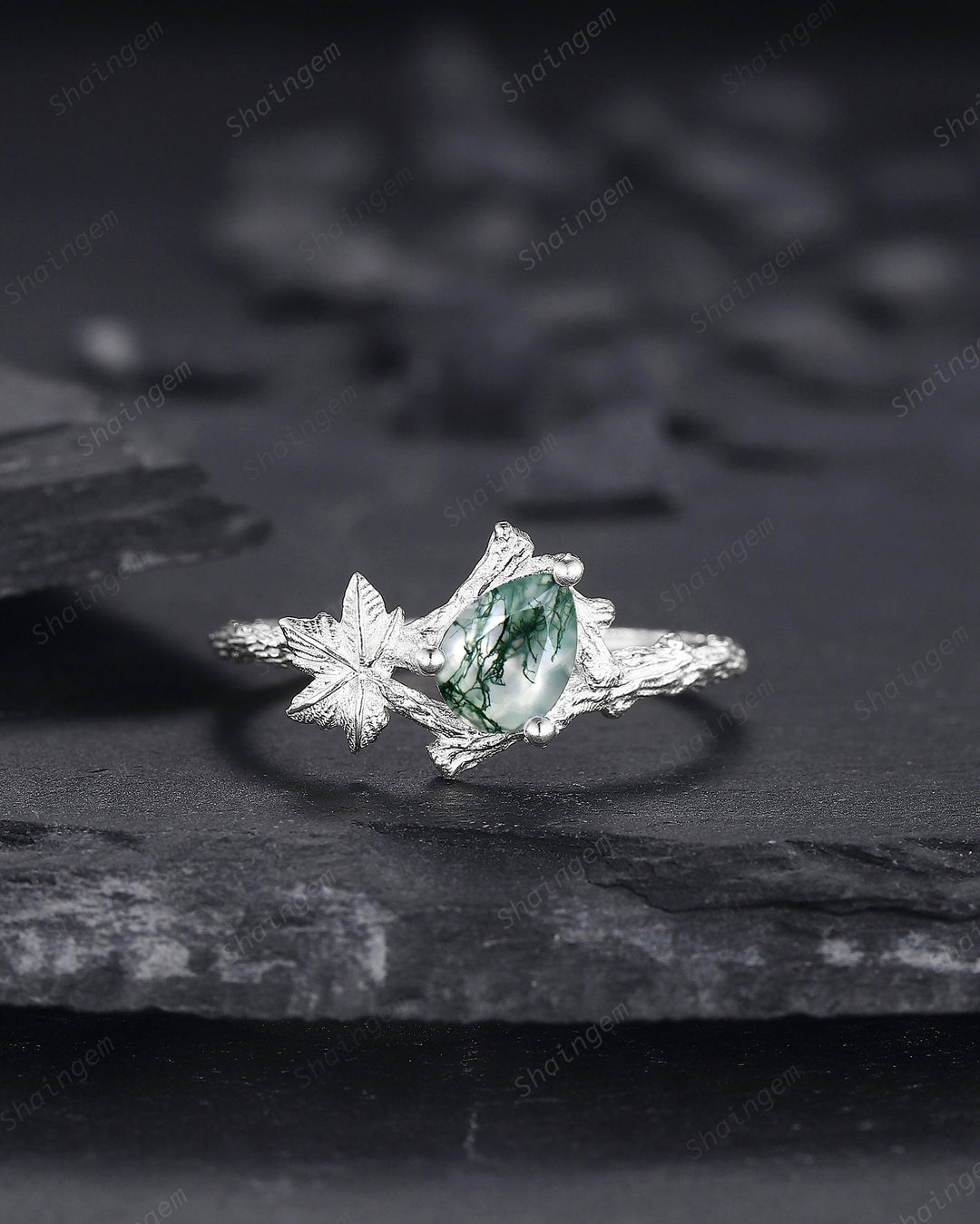 Maple Leaf Pear Shape Moss Agate Engagement Ring, 14K White Gold Solitaire Moss Agate Vine Ring, Twig Branch Wedding Ring Promise Ring Gift - ShainJewelry