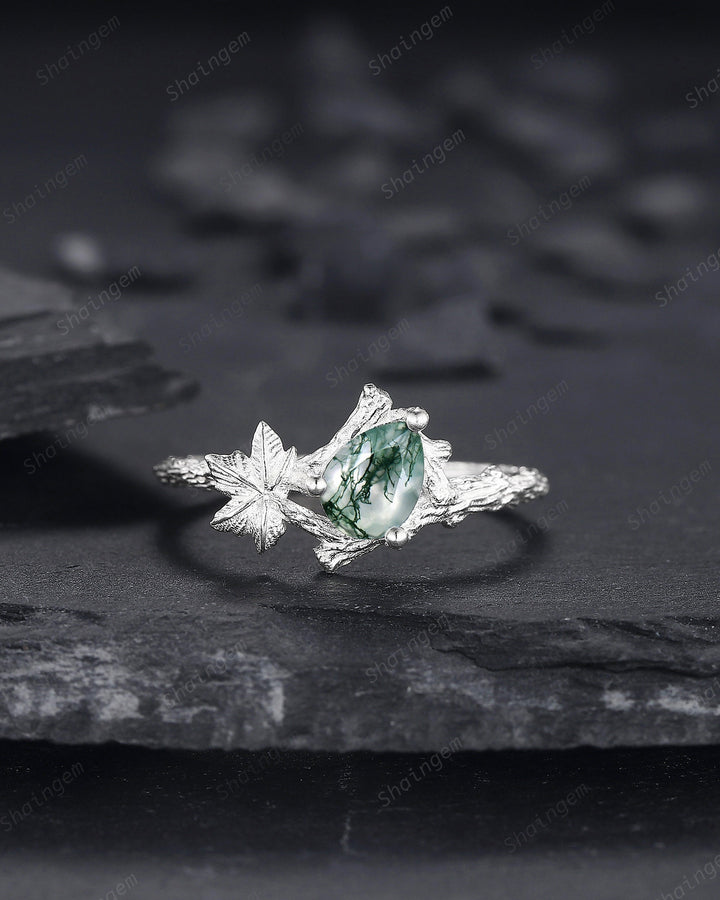 Maple Leaf Pear Shape Moss Agate Engagement Ring, 14K White Gold Solitaire Moss Agate Vine Ring, Twig Branch Wedding Ring Promise Ring Gift - ShainJewelry